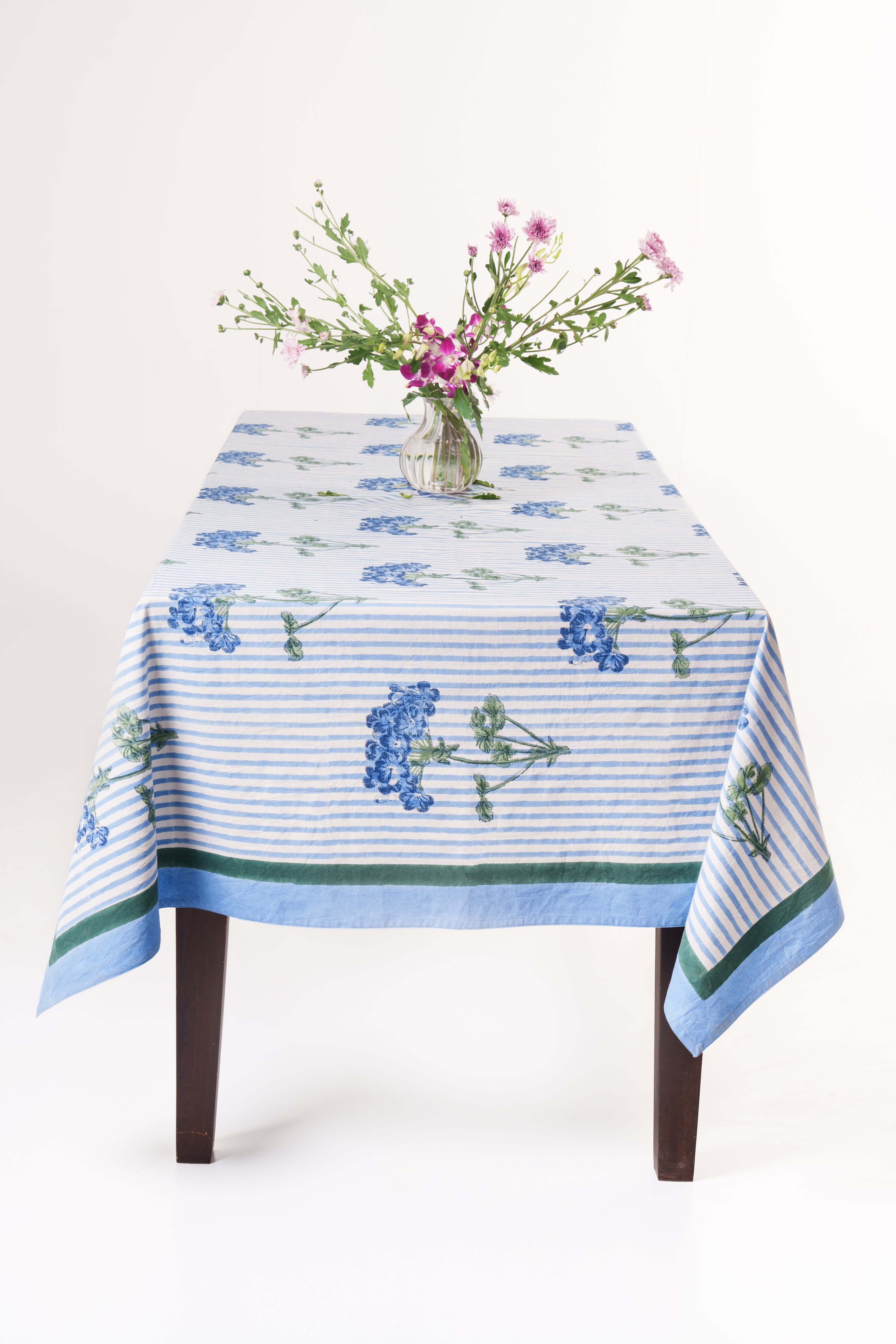 Inner Child blue hydrangea blockprint striped tablecloth with glass vase