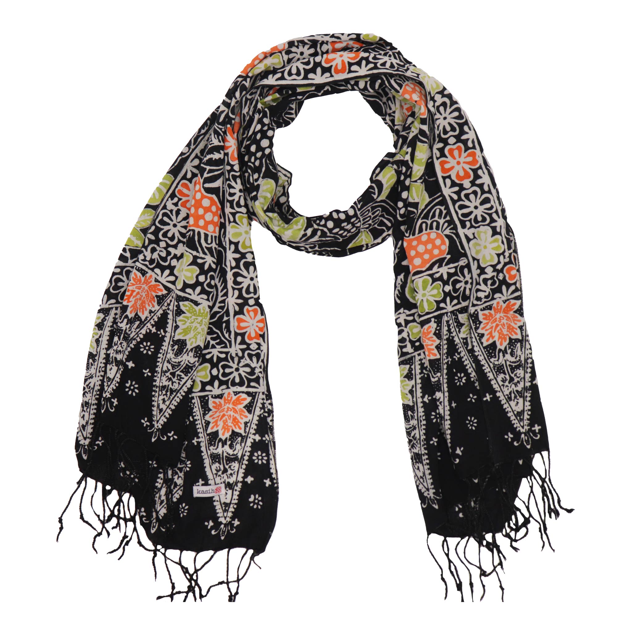Handmade Batik Scarf Black, Orange, Green, Berries 100% Soft Cotton Dusk Petal