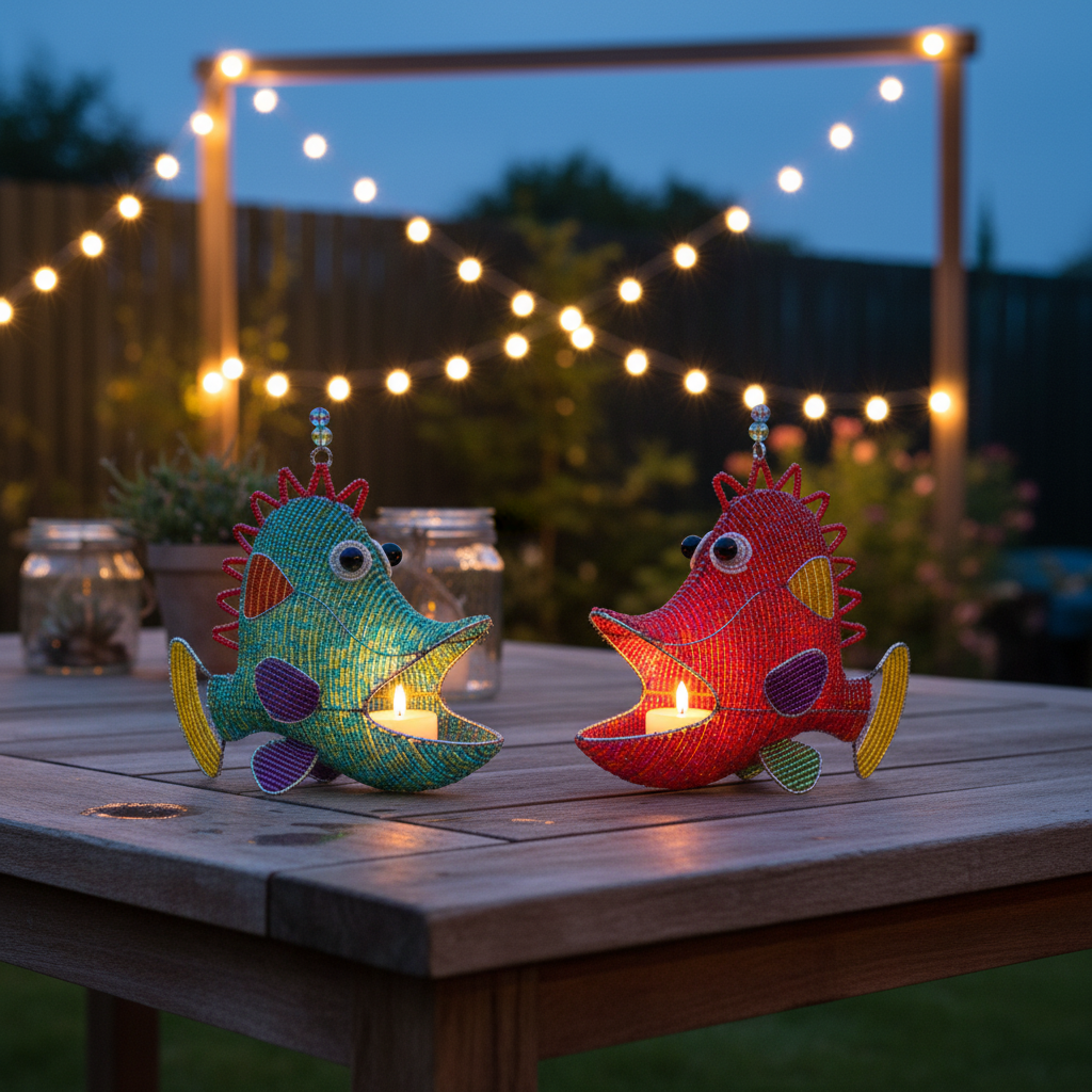 Handcrafted beaded fish candle holders on rustic garden table at dusk with string lights