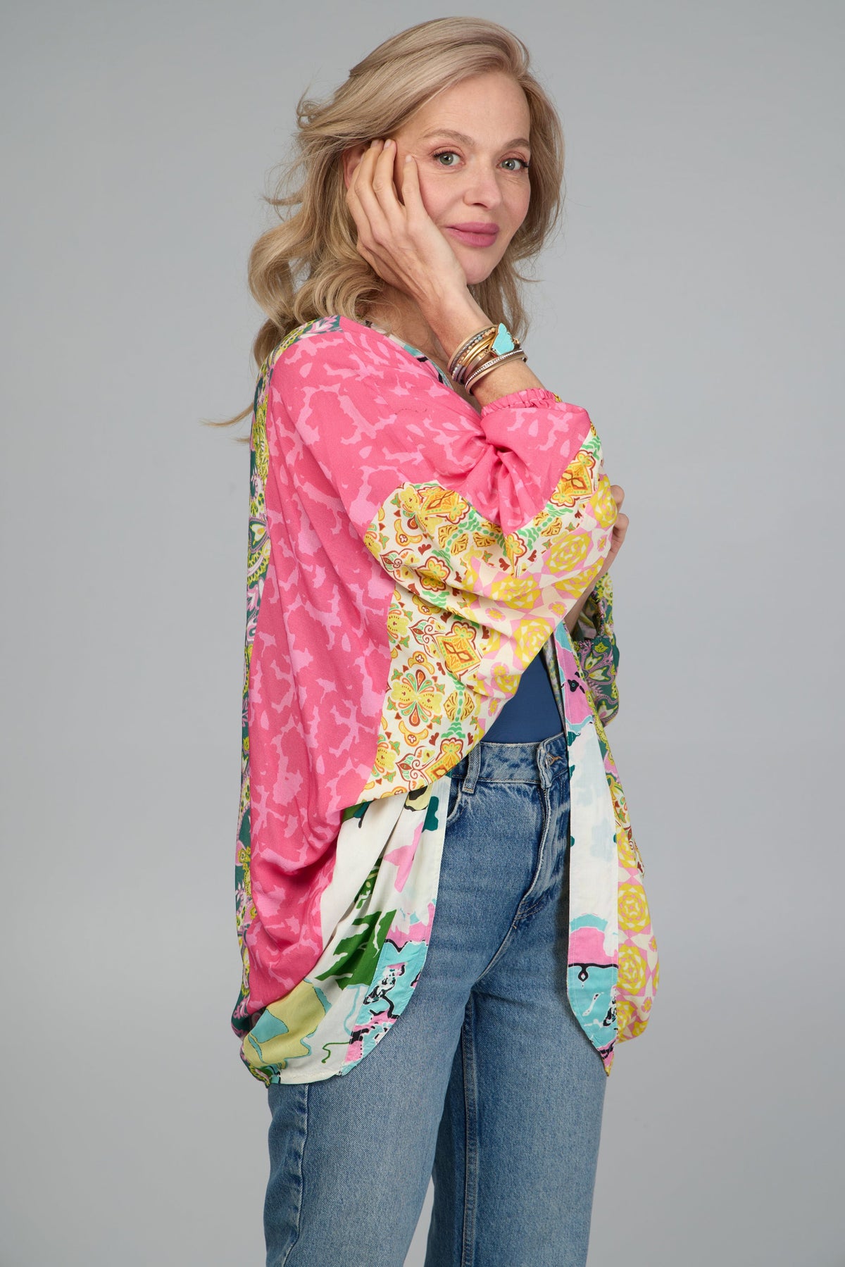 Multicolored Mixed Patterned Kimono - Pink