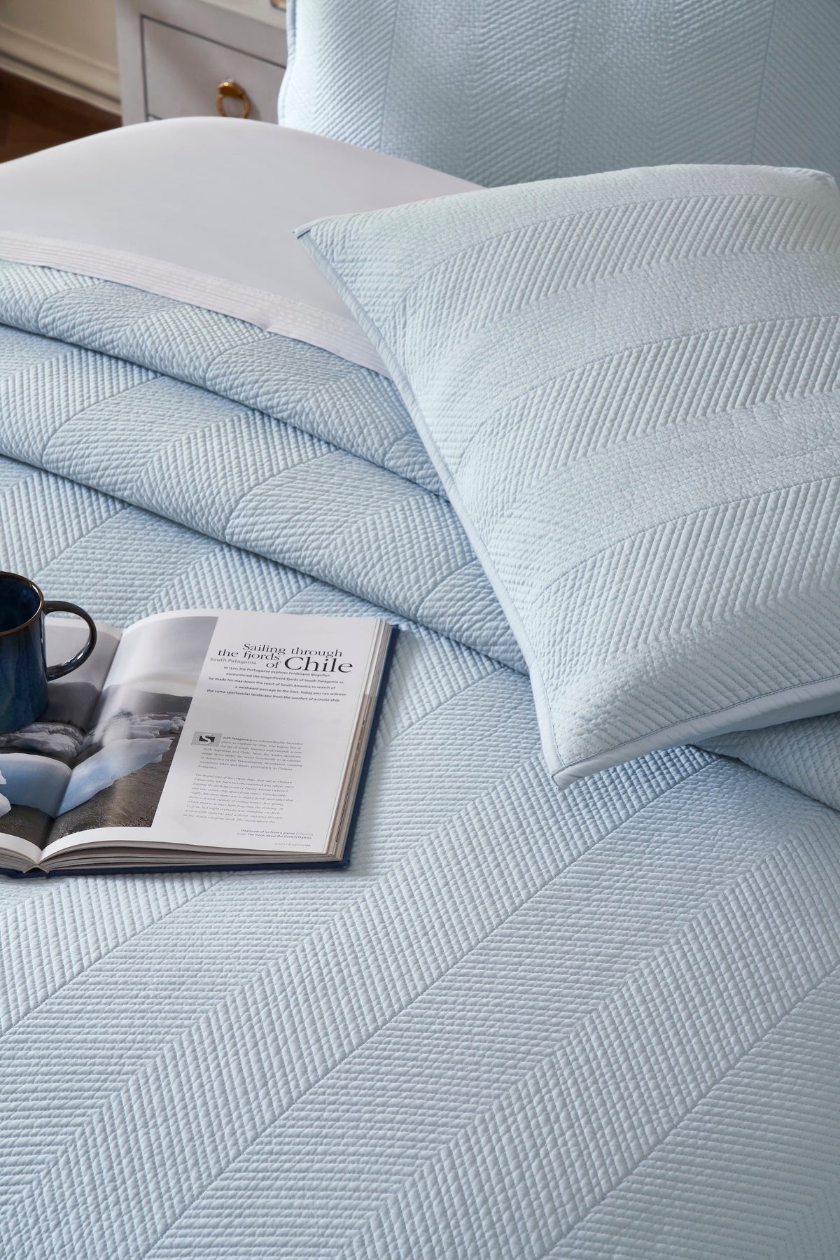 CL-262-11096_4|Luxurious light blue quilted coverlet with a distinctive herringbone pattern, perfect for a cozy and inviting bedroom.