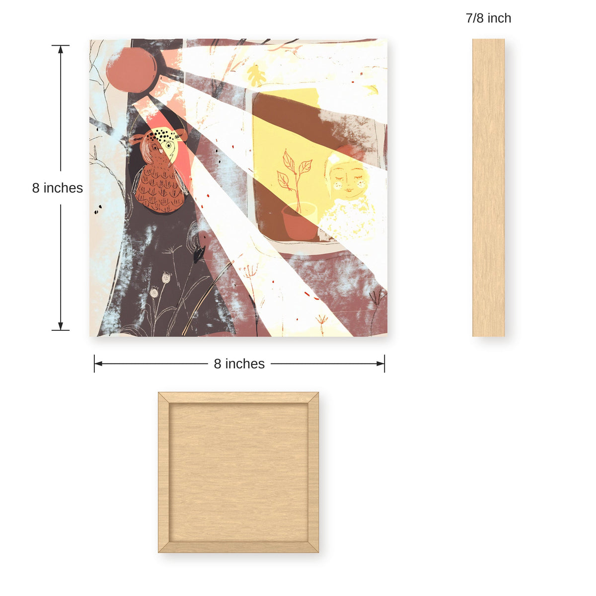 Morning Sunlight girl in window and owl in tree art print, size guide with front, back and side dimensions