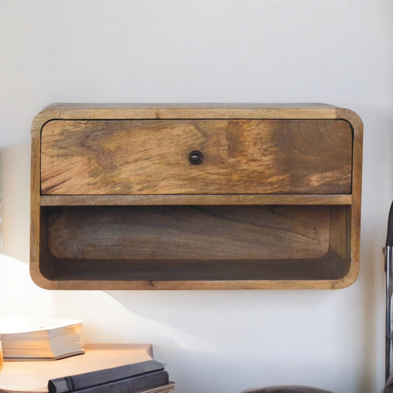 Solid Wood Large Floating Curve Open Slot Bedside Table