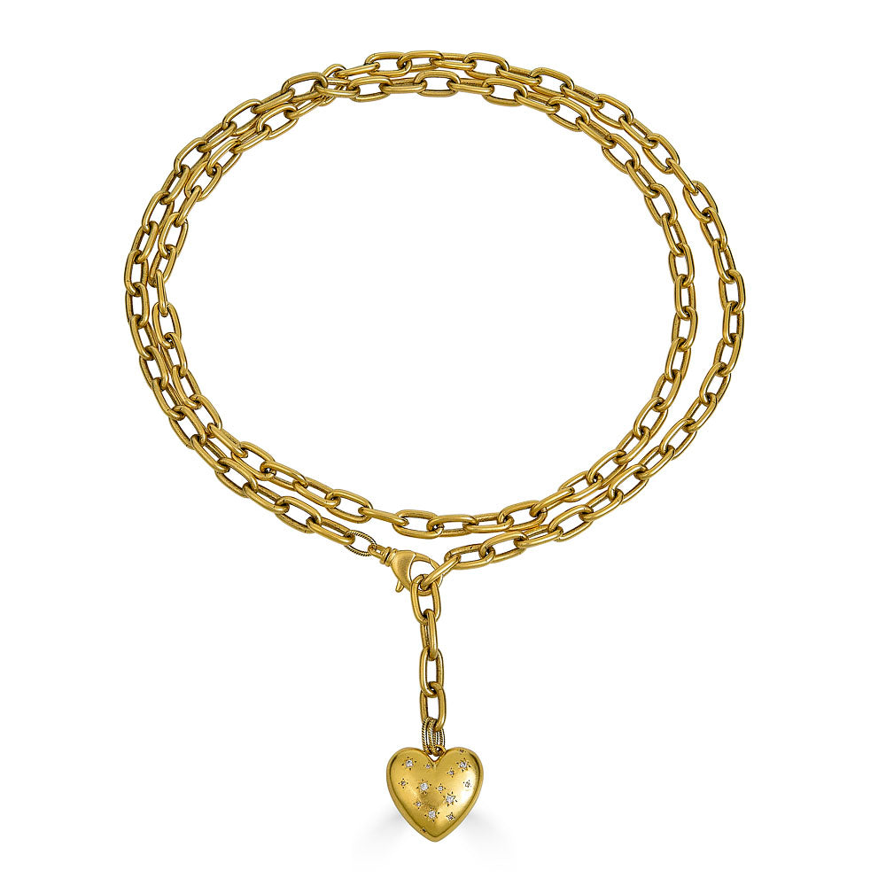Long Heart Necklace with gold chain and heart charm, shown doubled and wrapped, handmade by Loni Paul Jewelry.