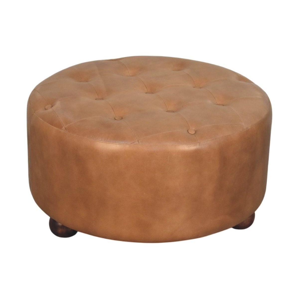 Brown Buffalo Hide Leather Upholstered Round Ottoman