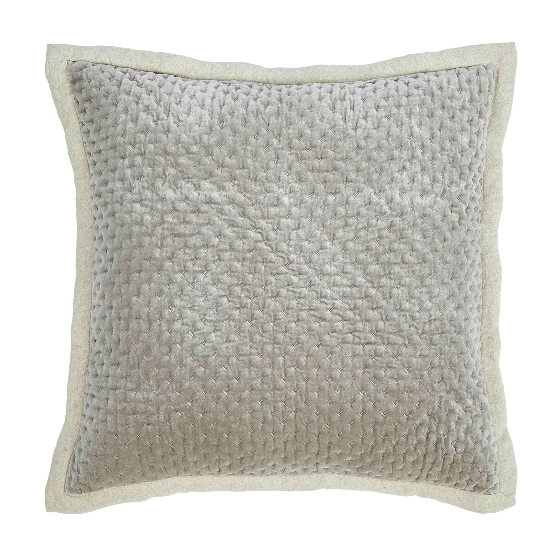 DE-330-3137-PO1223_1|Luxurious beige velvet square quilted pillow sham with intricate diamond "x" stitching, for elegant bedroom decor.