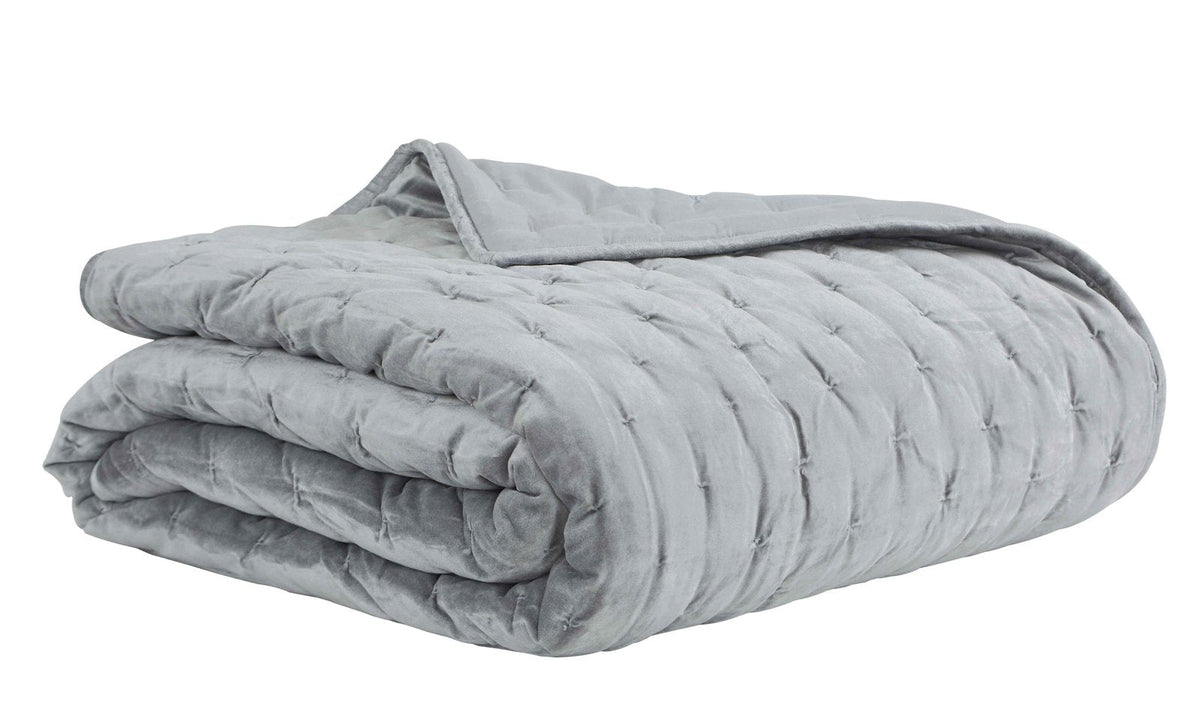 QT-324-9496_2|Elegant gray velvet quilt, folded, featuring a cozy channel quilting design, perfect for adding texture and warmth.