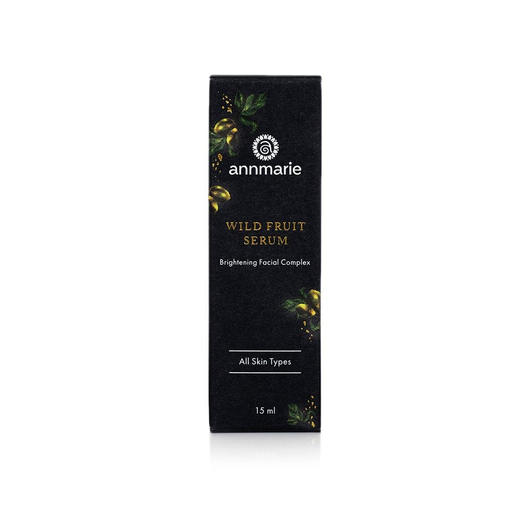 Wild Fruit Serum brightening facial complex product box packaging for all skin types.