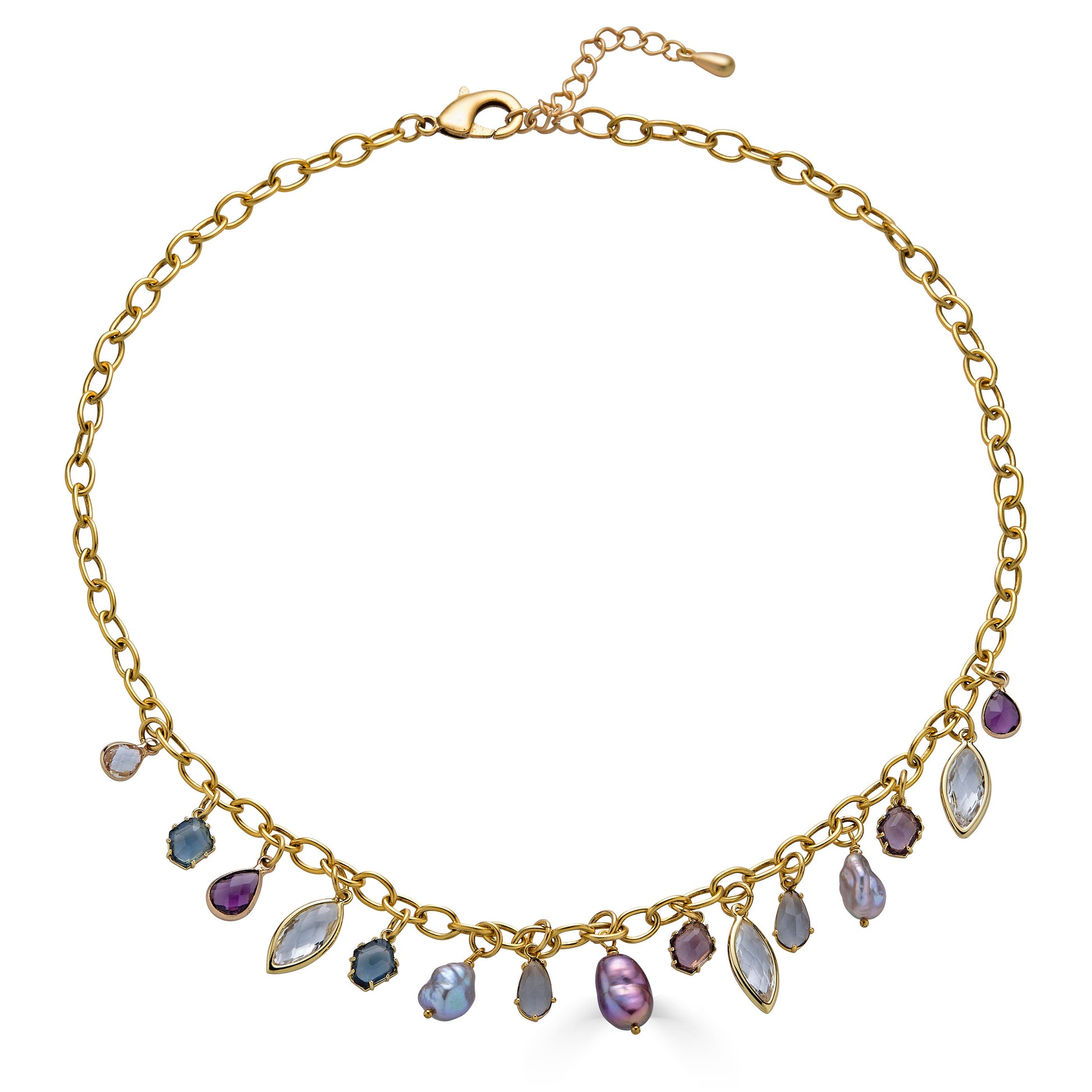 Gold charm necklace with colorful faceted gemstone charms and freshwater pearls dangling from an elongated gold chain.