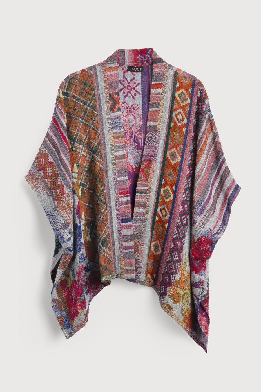 Floral Geometric Short Open Poncho - Dark Multi