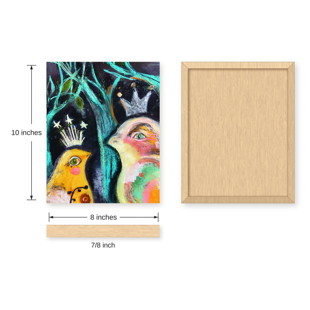New Friend two birds art print, 8x10 size guide with front, back and side dimensions