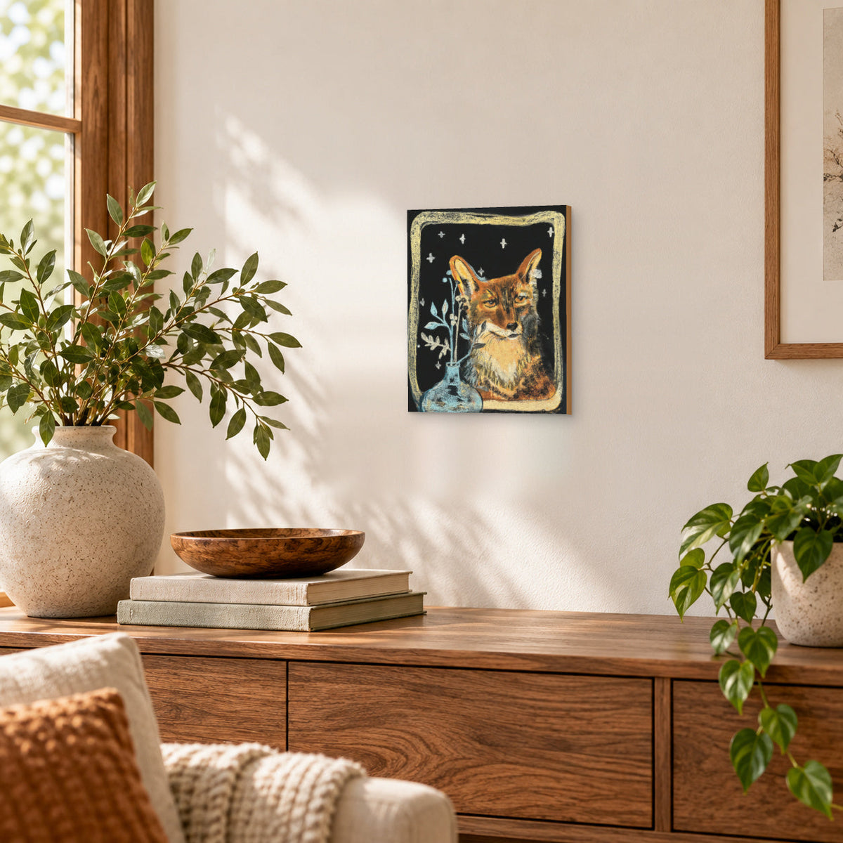 11×14 Fox with the Vase art print on gesso board hanging on a wall in a styled room