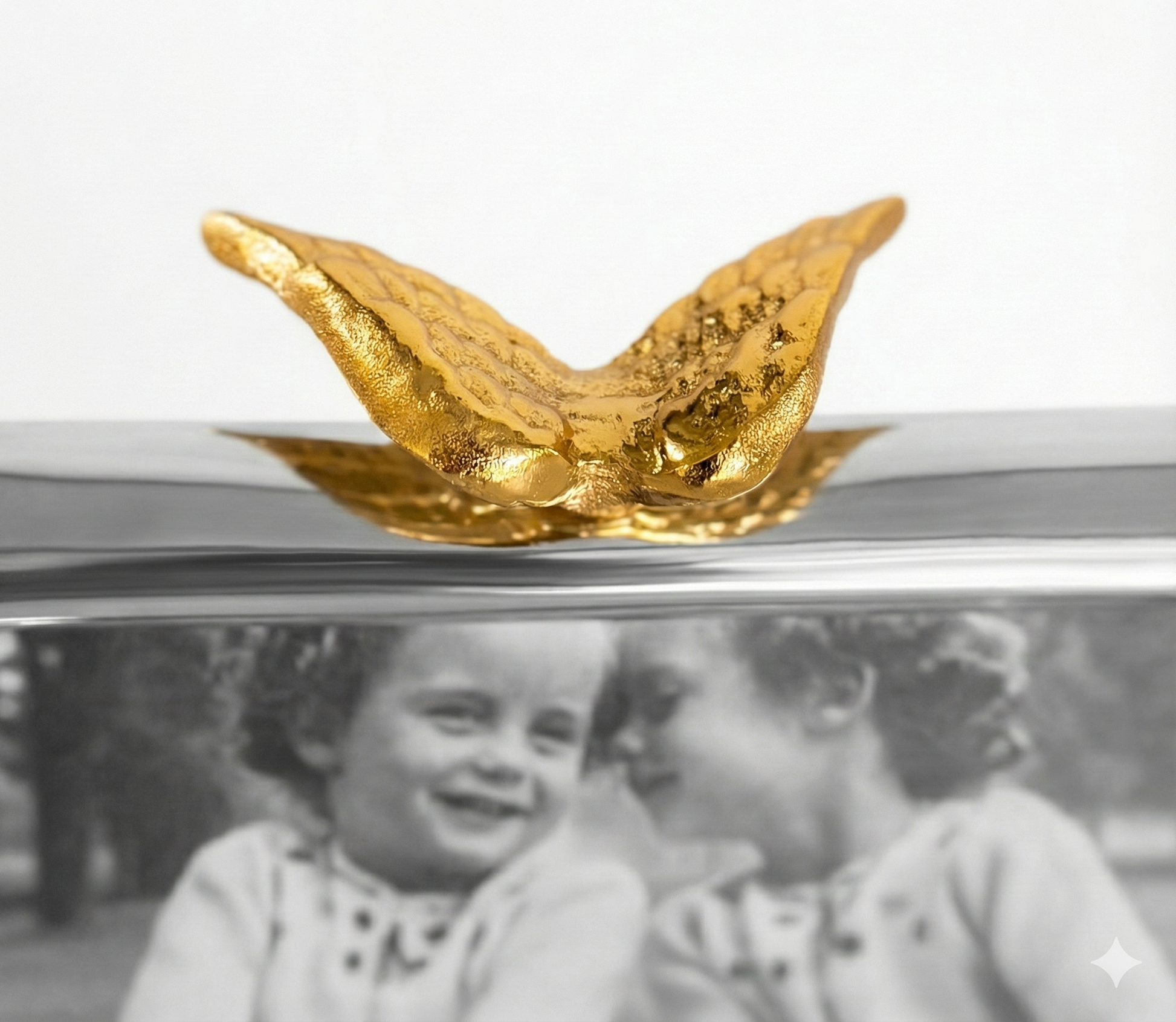 Gold Angelwing figurine on a reflective surface with a black and white photo of two children in the background.