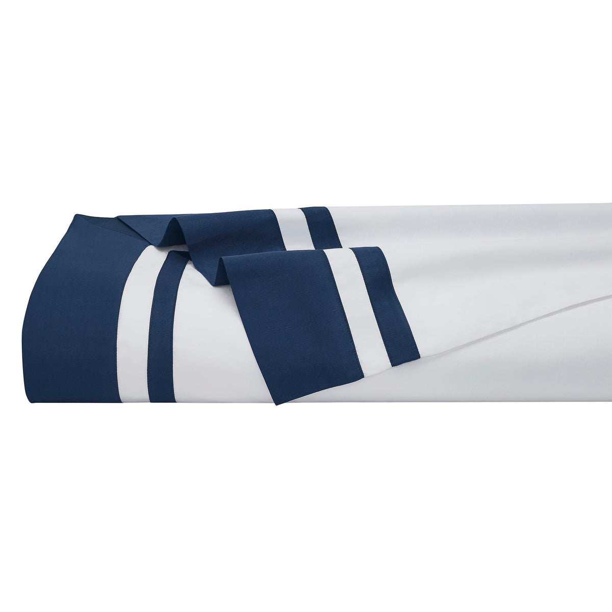 TFL-548-3980_5|Folded white 100% cotton sateen sheets with navy blue stripes. Premium, soft, breathable hotel quality bedding.