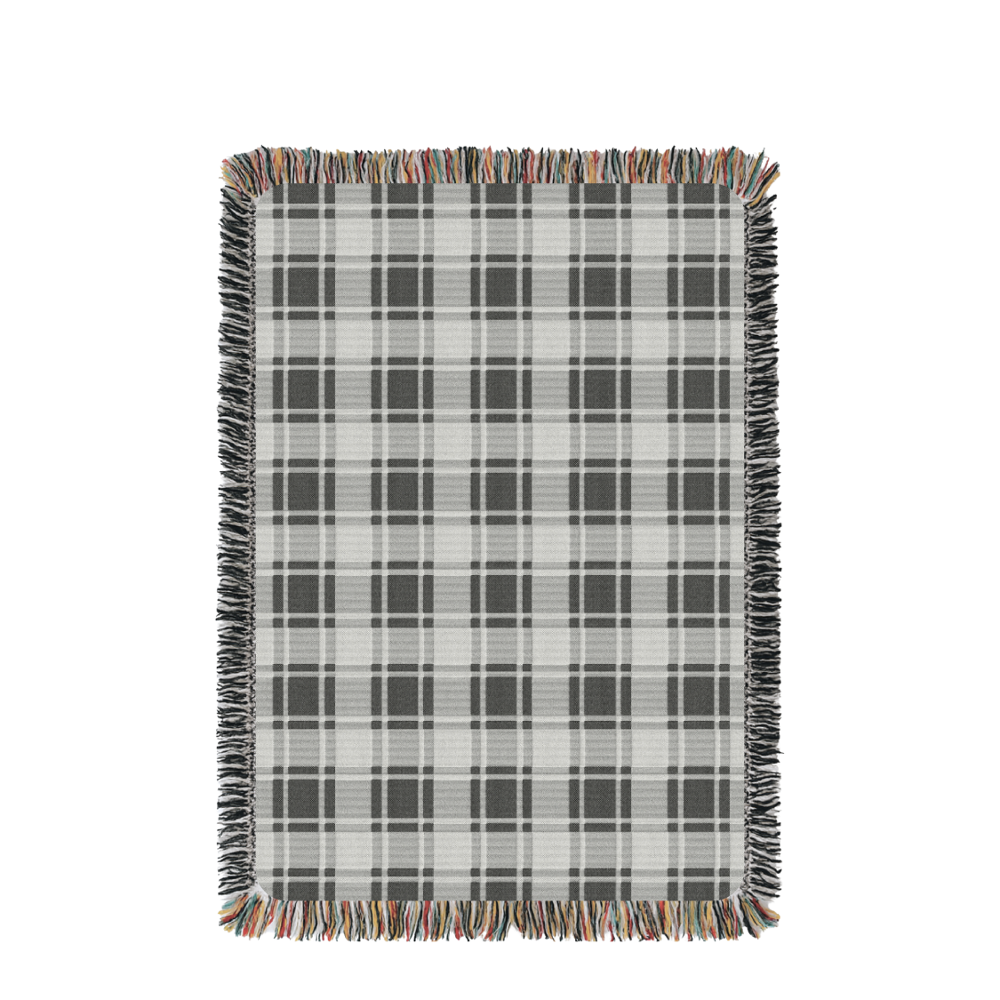 Full view of Ellis black-and-white plaid reversible woven throw blanket with fringe