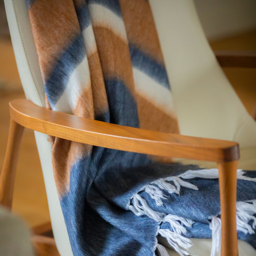 navy and camel throw blanket with fringe