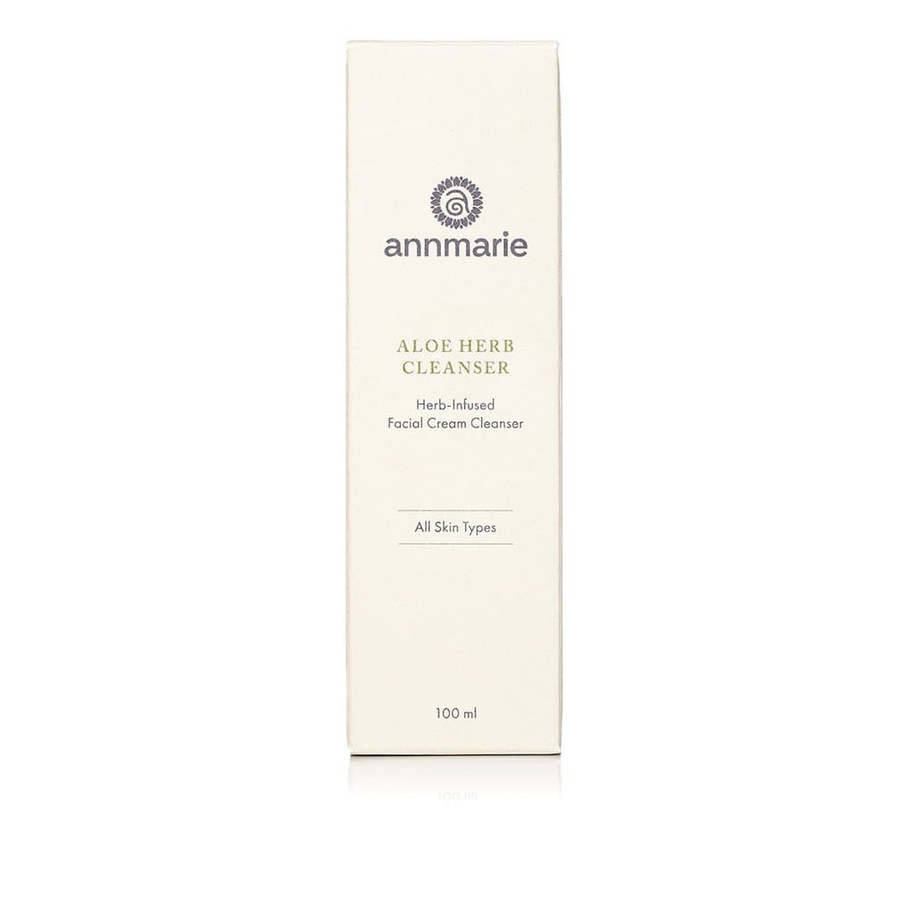 Annmarie Aloe Herb Cleanser herb-infused facial cream cleanser box for the bottle for all skin types featured on with a white plain background.
