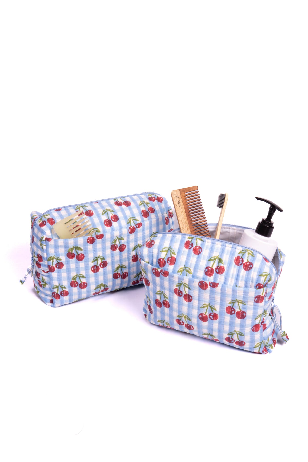 Blue gingham cherry blockprint makeup bag set with toiletries