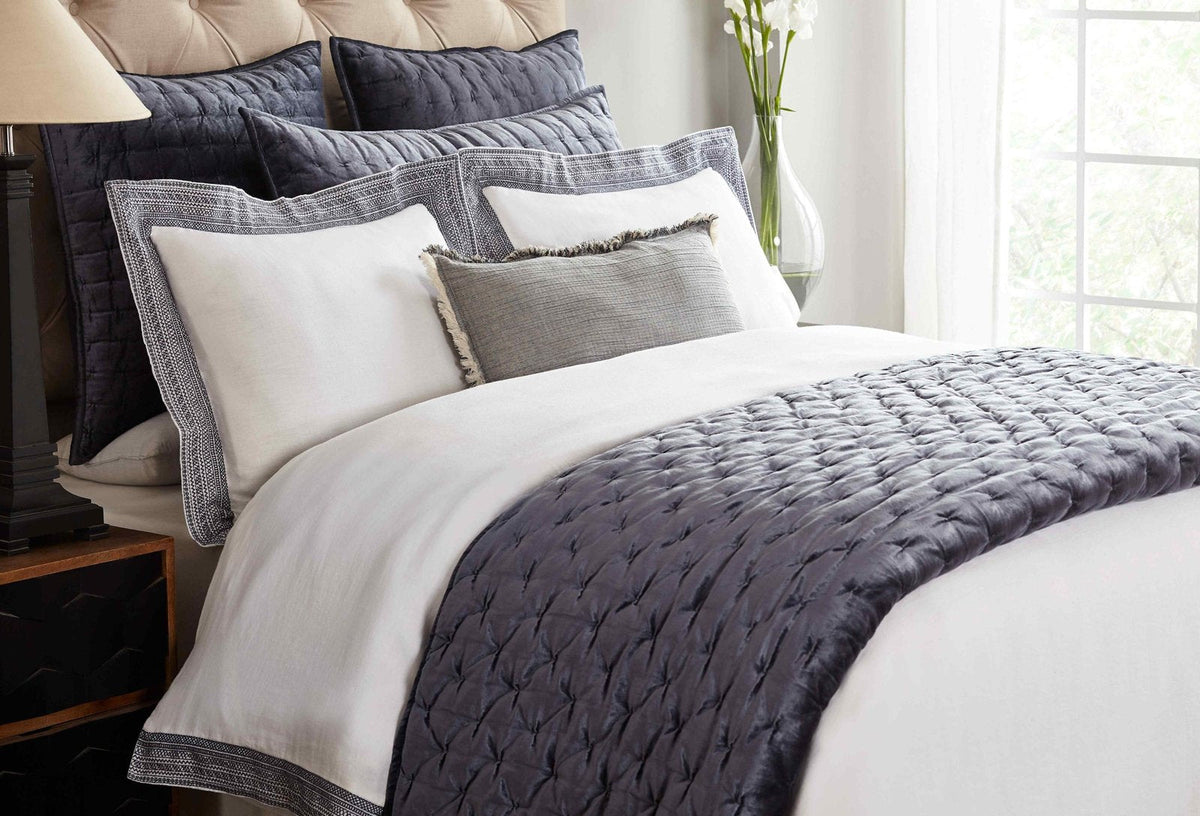QT-313-9496_3|Stylish dark grey velvet geometric quilted quilt, draped at foot of bed, offers rich texture and contemporary style.