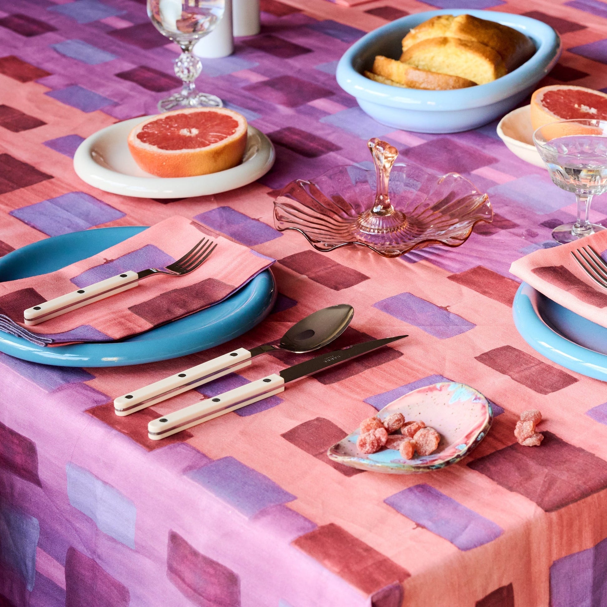 Pink Tapestry linen tablecloth rectangle with bold abstract brushstroke art pattern - Goldie Home