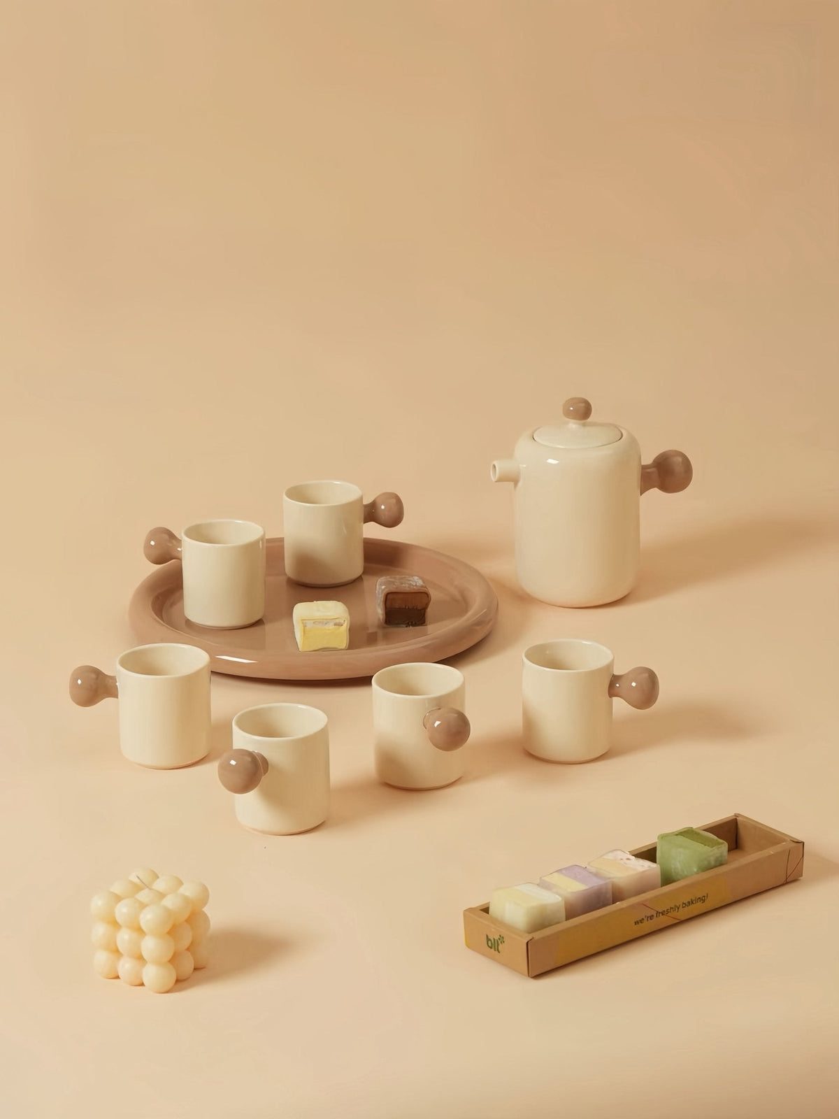 Handmade Cute Whimsical Dopamine Creamy Toffee Tea Pot & Tea Cups Set Of 8 Pcs - Coffee & Tea Cups - Creamy Bauhaus Tea Set Gift Box - Caramel - INSPECIAL HOME