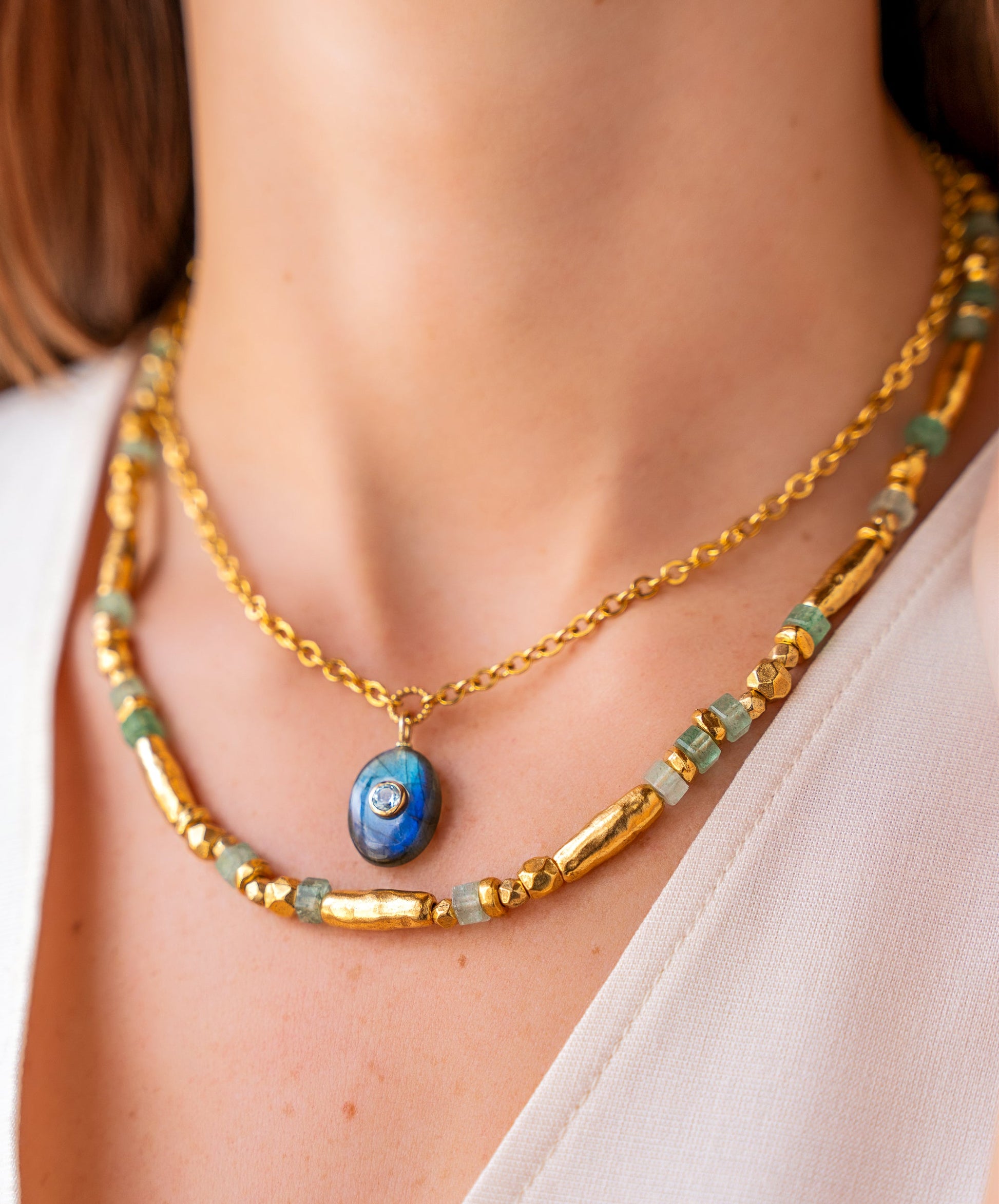 Green strawberry quartz and gold bead necklace with organic textured gold beads.