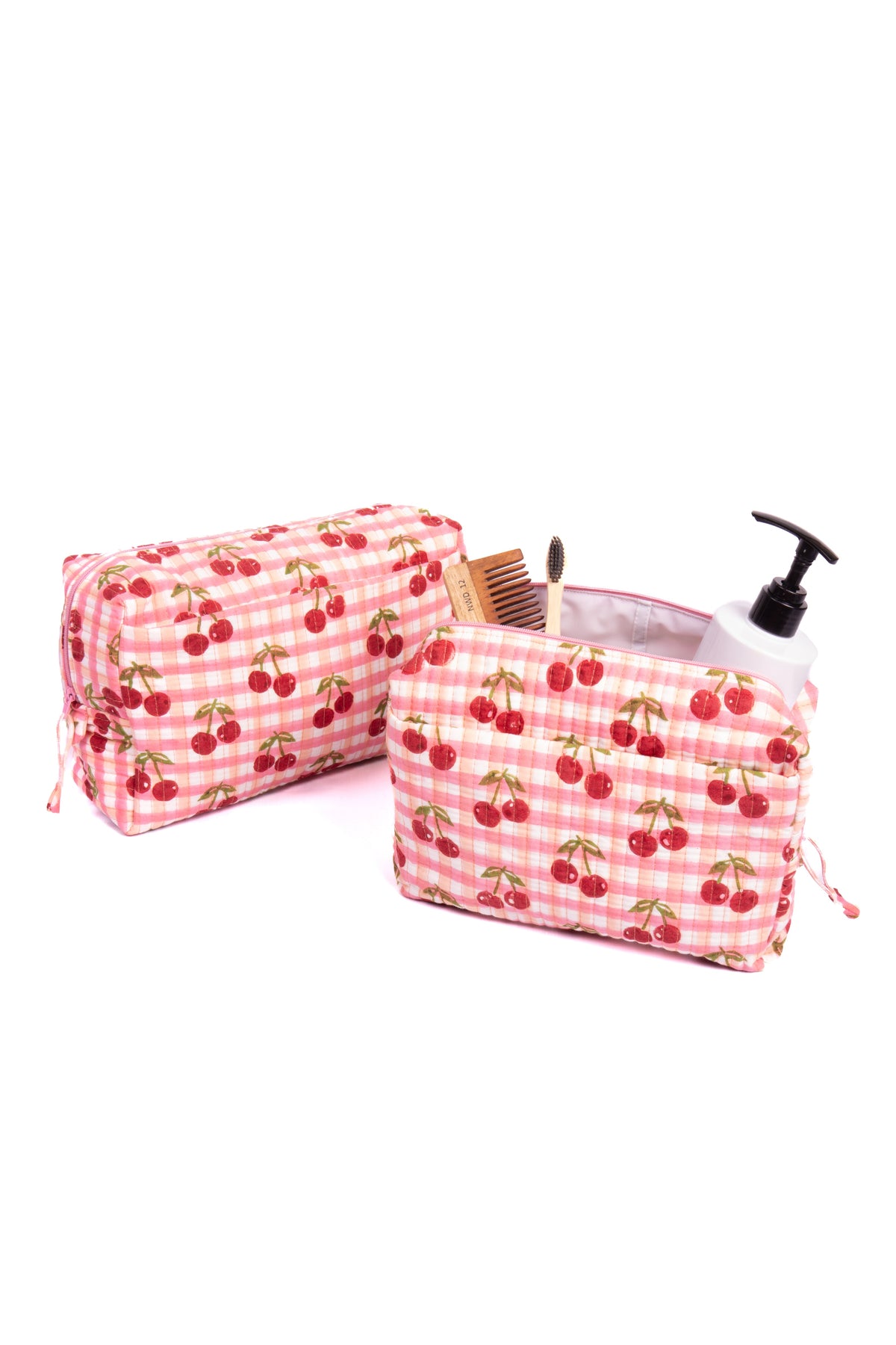 Red gingham cherry blockprint makeup bag set with toiletries