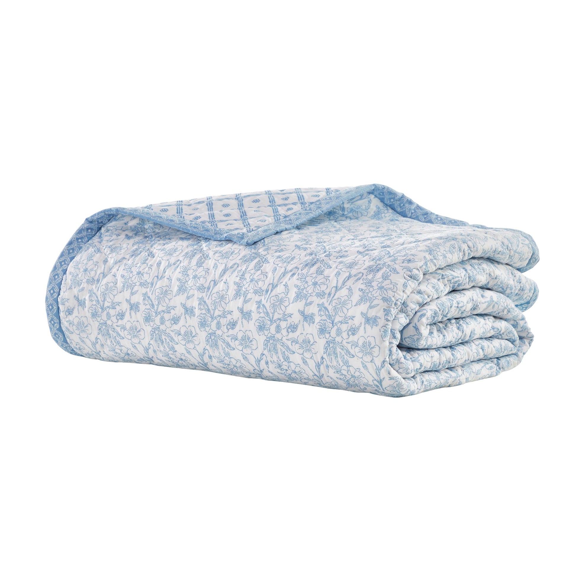 QT-345-11096_7|Rolled blue floral print quilt. Reversible with intricate blue geometric pattern border. Cozy bedding for home decor.
