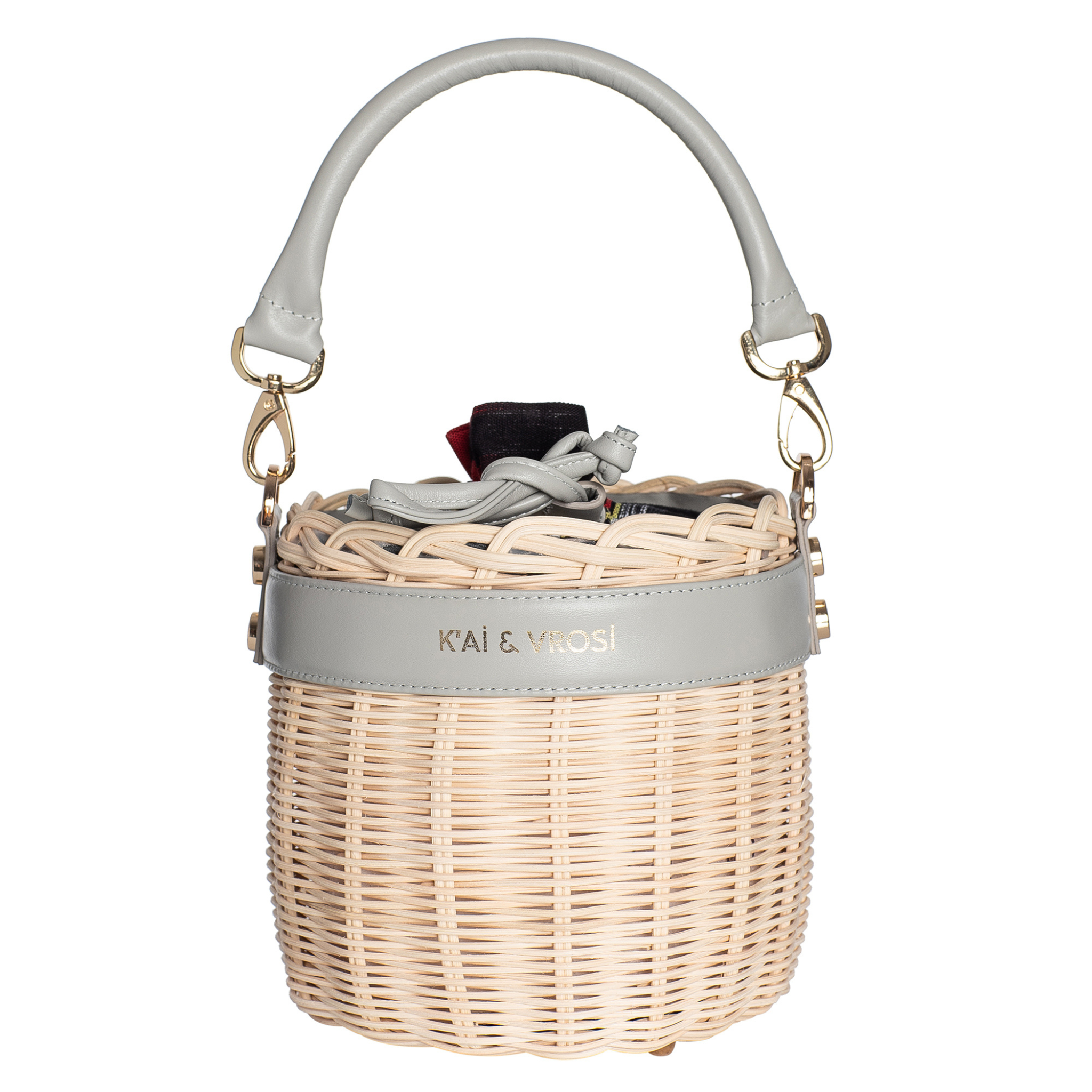 Okordule gray, round shaped woven rattan handbag with leather top handle