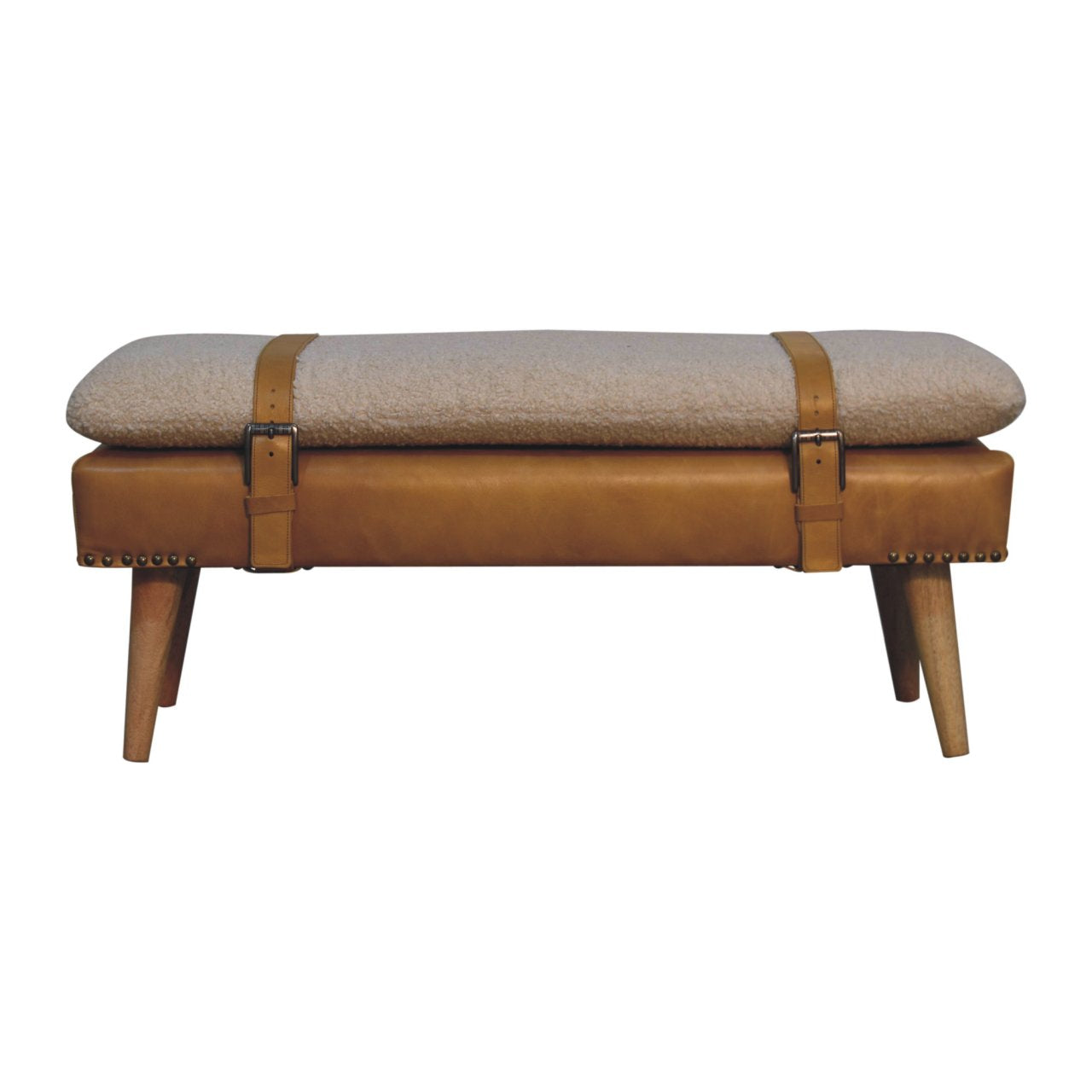Bouclé Buffalo Hide Leather Upholstered Bench