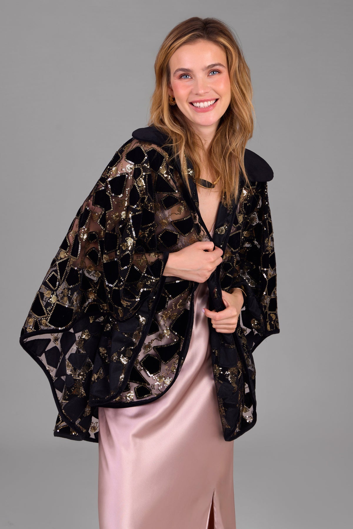 Velvet Sequin Collared Capelet - Black