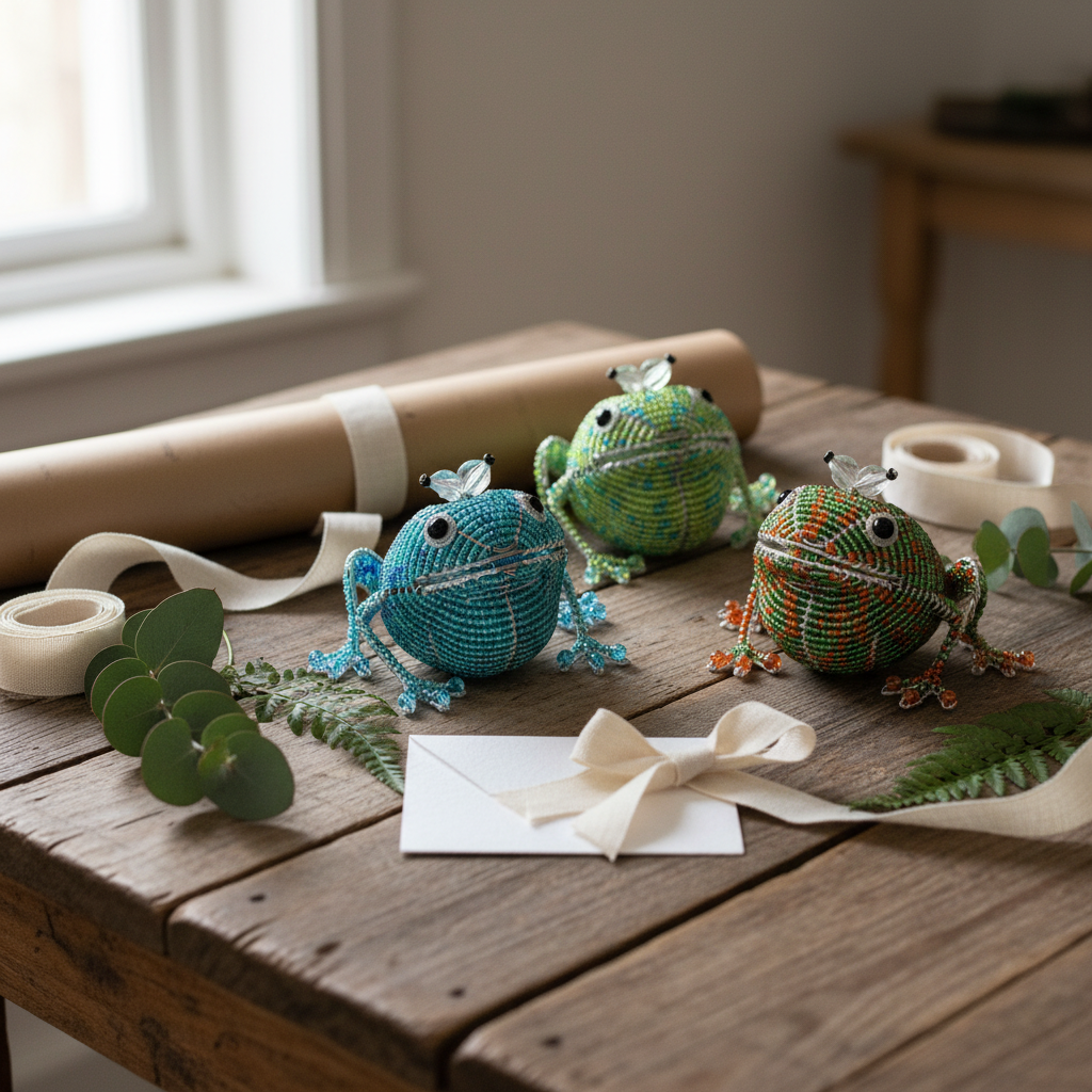 Handcrafted beaded frog figurines set of 3 as a gift display on rustic wooden table – 11FRGSS1