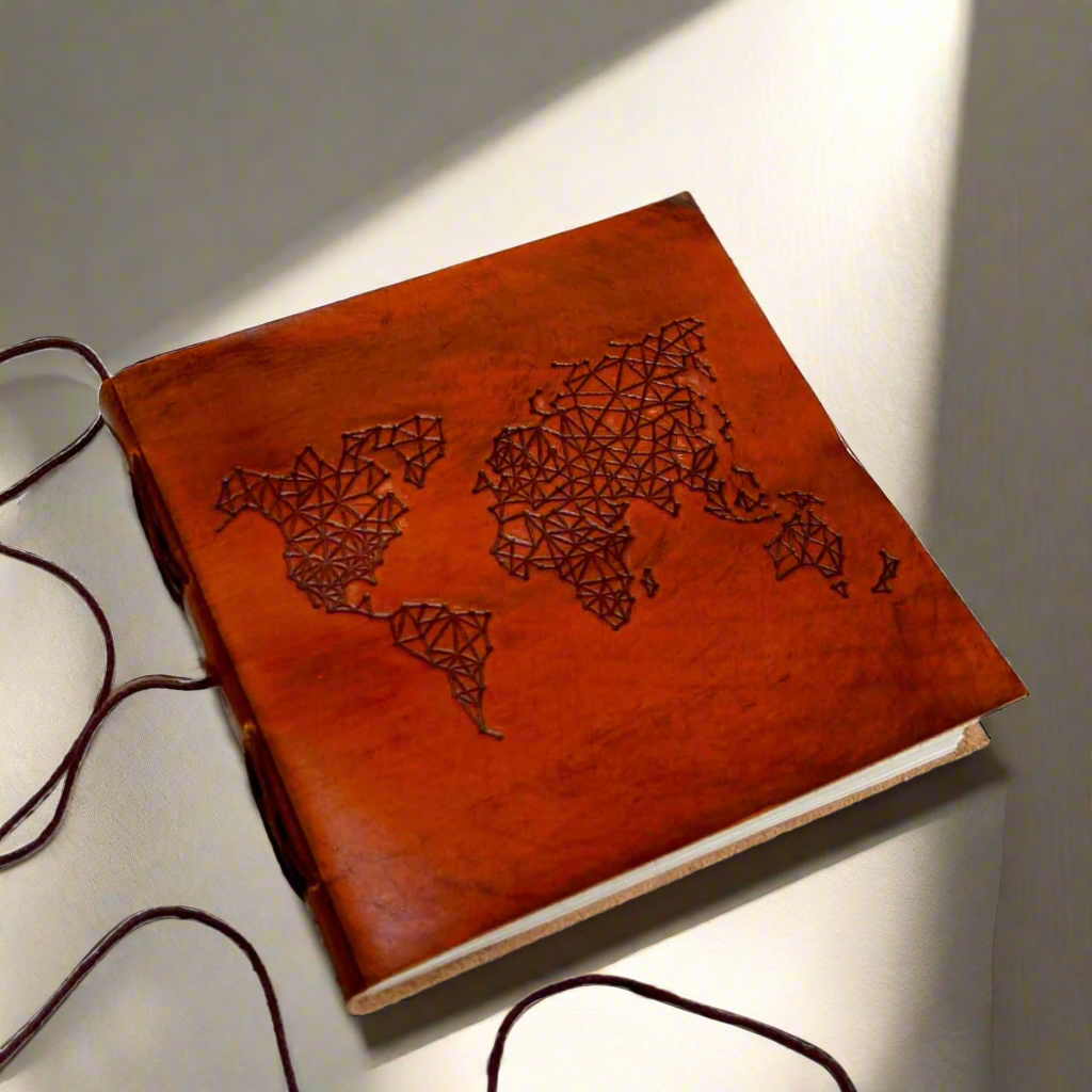 Adventure-ready leather journal – world map embossing for documenting memories from every corner of the globe