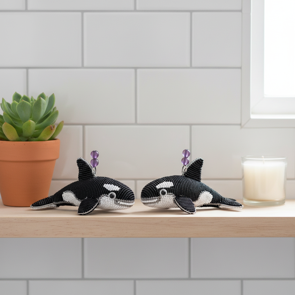 25ORCSS1-lifestyle-2 – Orca Baby beaded figurines on bathroom vanity with succulent and candle