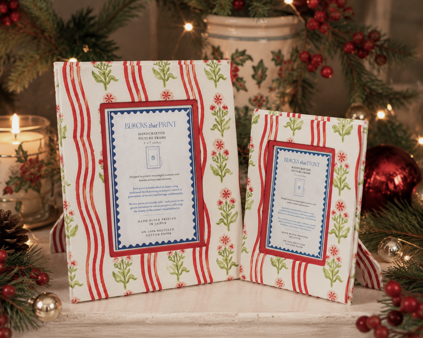 Medium Block Print Photo Frame (4 by 6) - Holly & Berry
