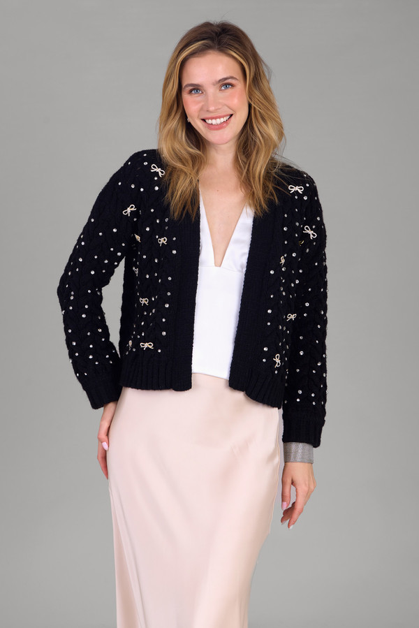 Bow Jeweled Cardigan - Black
