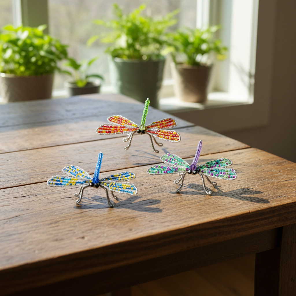 Handmade beaded dragonfly ornaments displayed in home decor setting near sunny window with plants