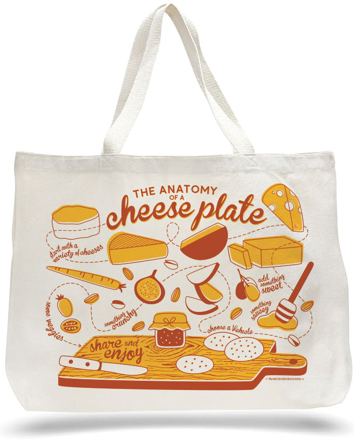 Large canvas tote bag with cheese design, featuring the phrase "The Anatomy of a Cheese Plate"