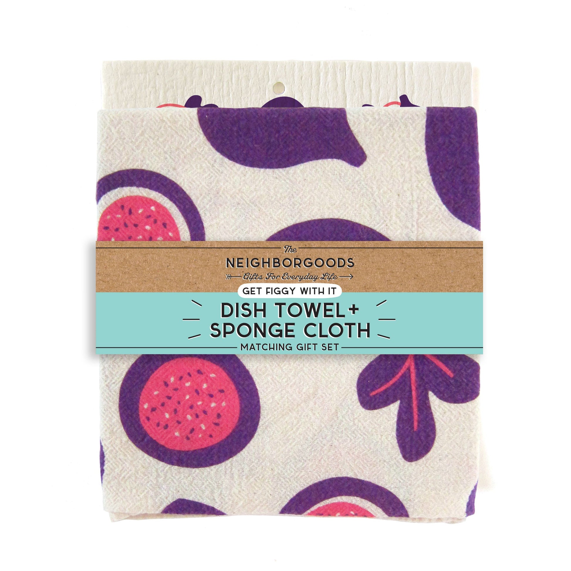 Back of matching dish towel and sponge cloth set with figs design, featuring the phrase "Get figgy with it"