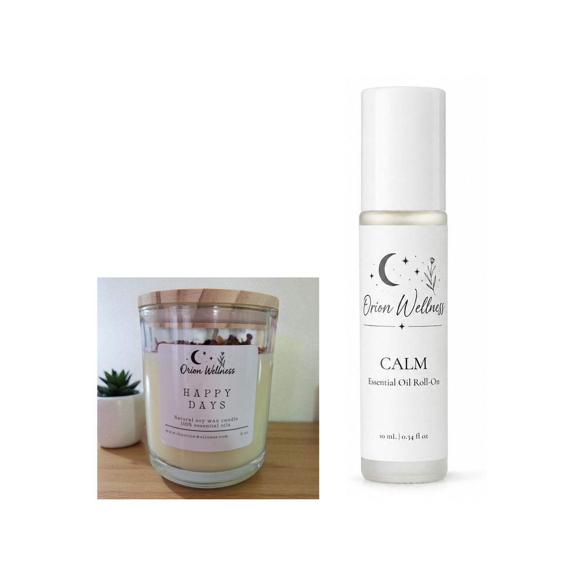 Happy Days Candle + Calm Duo bundle by Orion Wellness on white