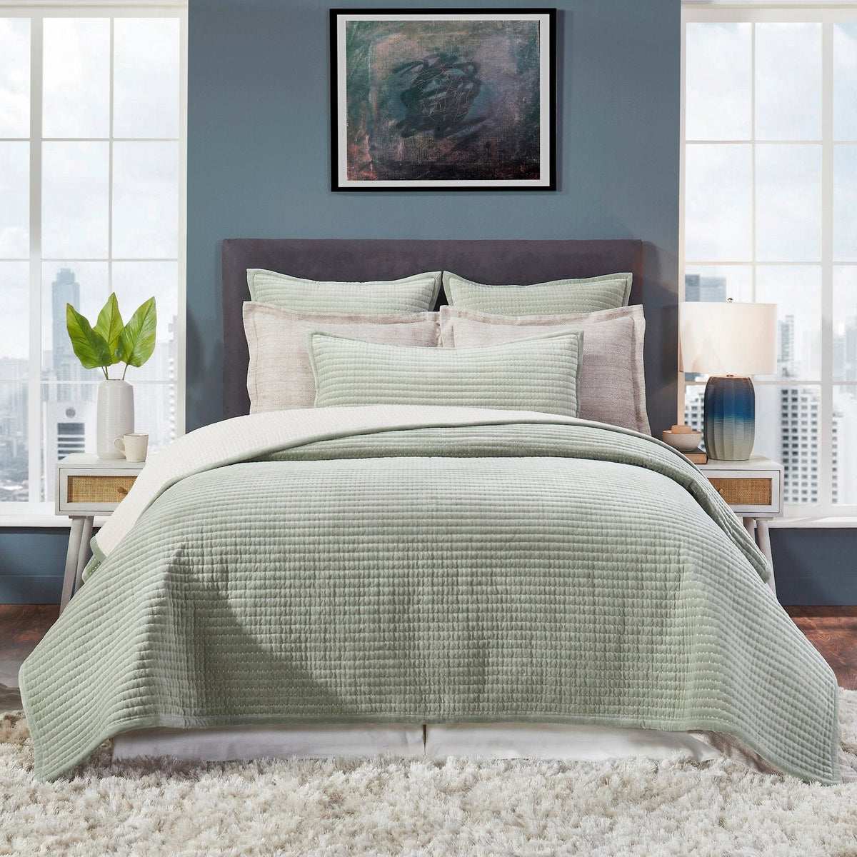 CL-185-11096_1|Sage green quilted coverlet on a modern bed, enhancing bedroom decor with soft texture, comfort, and serene elegance.