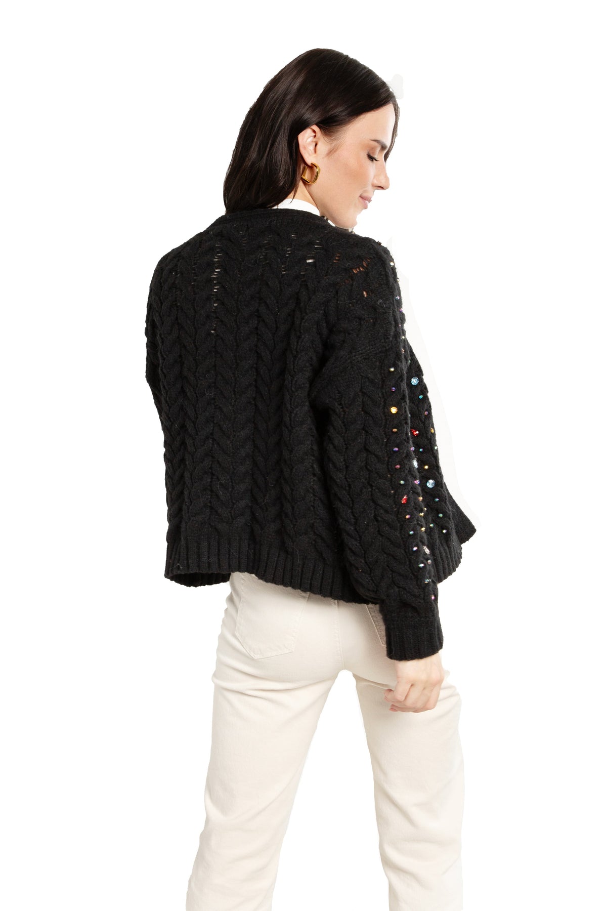 Cable Knit Cardigan Gemstone Pattern - Black