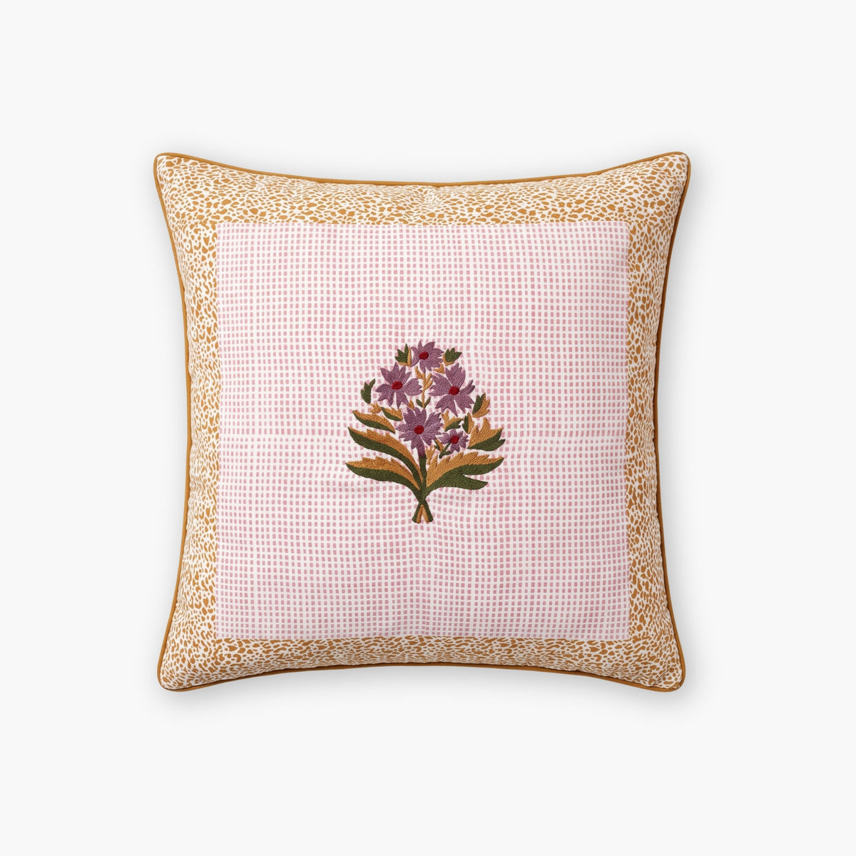 Rumi Floral Embroidered Linen Pillow Cover – Pink & Biscuit Brown