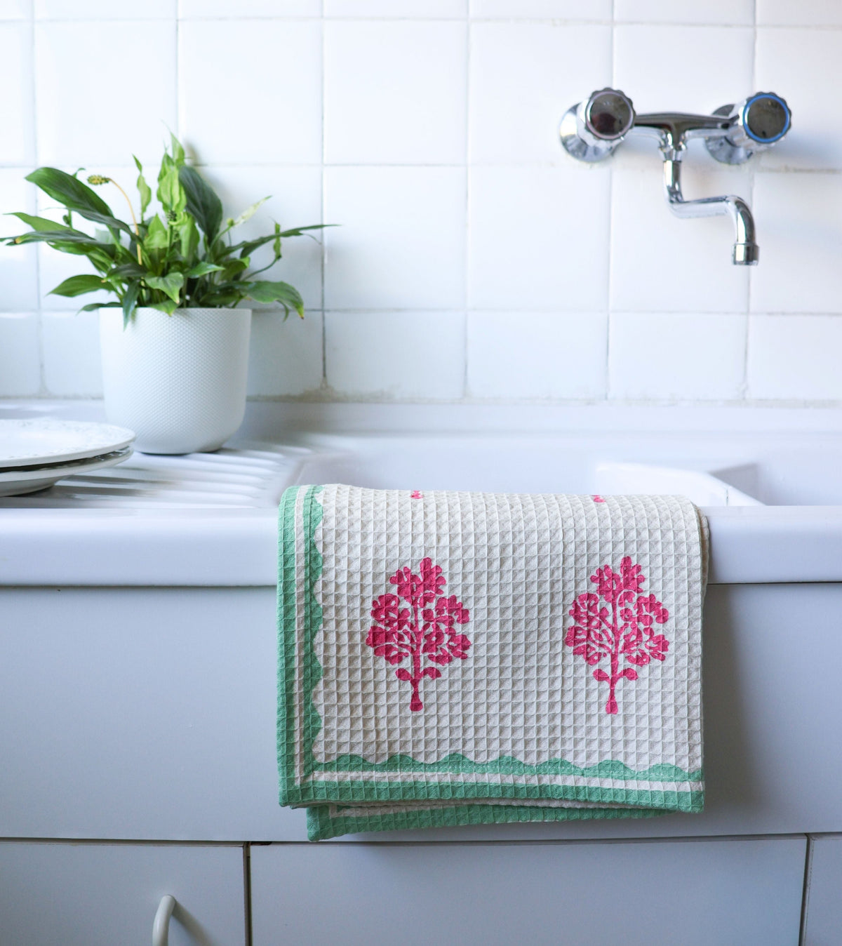 Sara - Cotton Waffle Kitchen Towel - Pink & Pastel Green