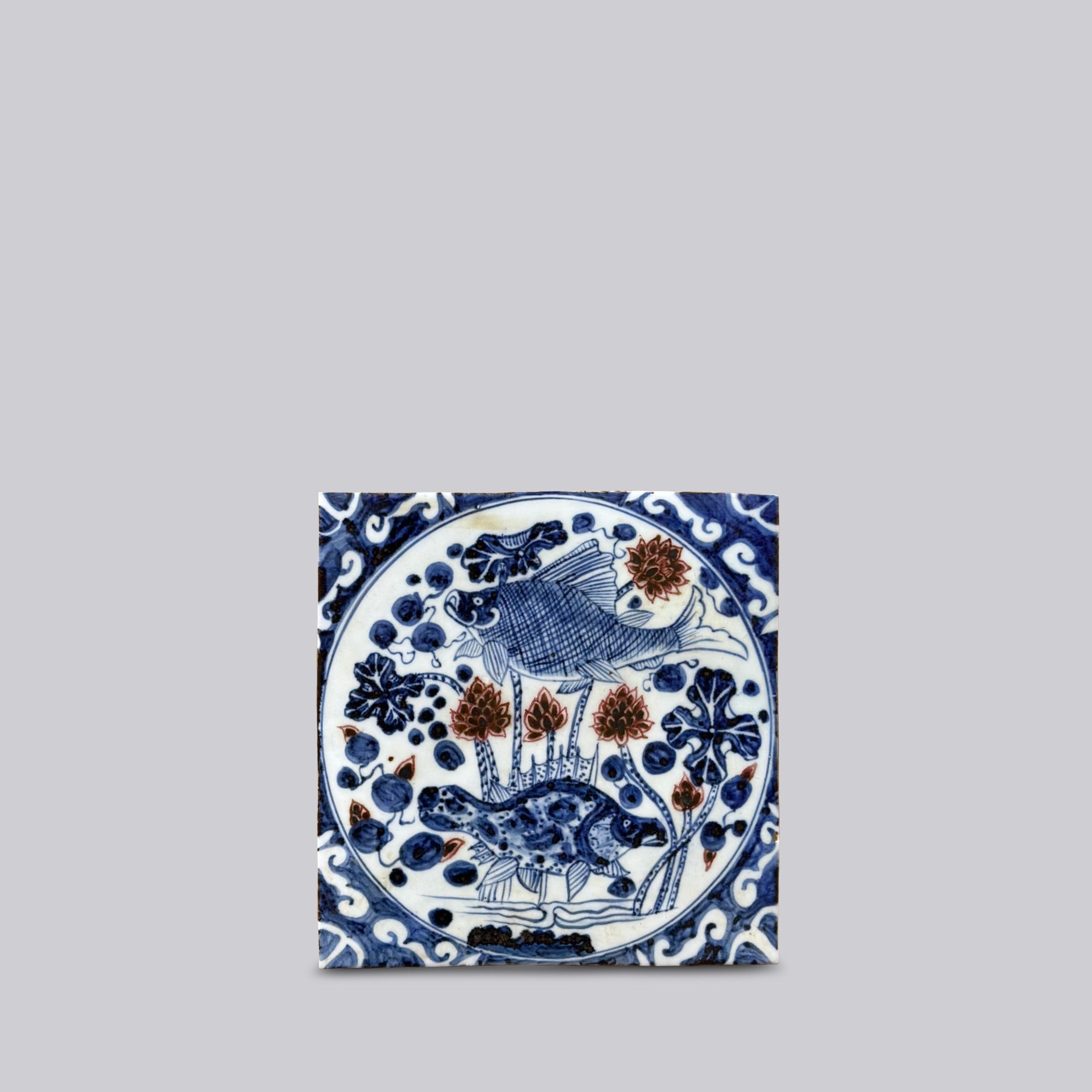 Hand Painted Porcelain Blue and Red Fish and Lotus Tile