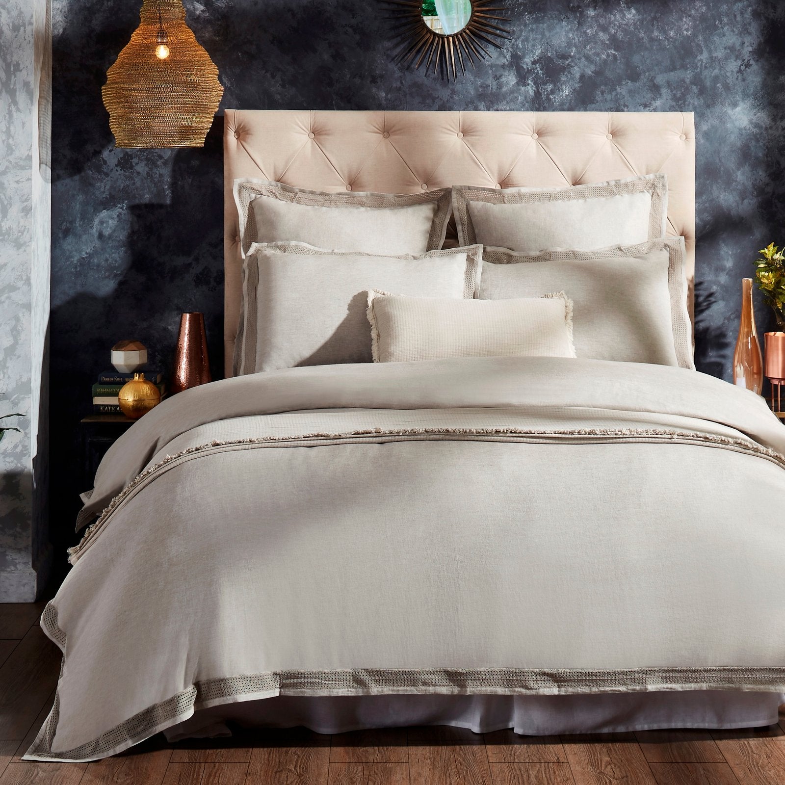 DT-022-10692_1|Luxury cream linen duvet cover with elegant fringe trim, perfect for a cozy bedroom aesthetic, queen/king size.