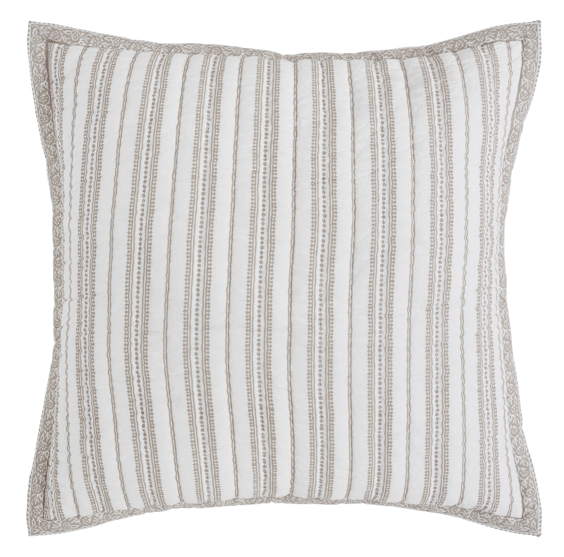 ES-348-2626_1|Beige striped quilted pillow with elegant patterned border, warm and inviting bedroom accent for cozy sleep.