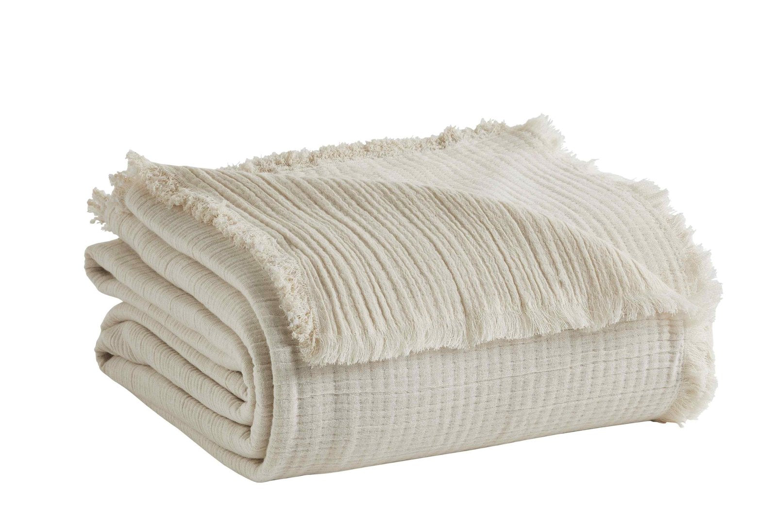 BT-103-11096_2|Folded off-white textured blanket with a delicate fringe edge, perfect for adding cozy comfort and a light touch to home decor.