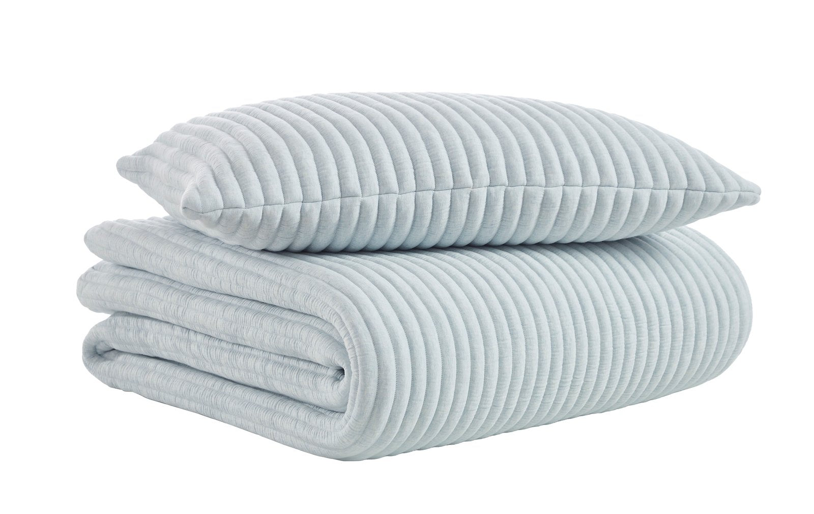 QT-369-11096_6|Light blue ribbed quilt and matching textured pillow, offering coordinated style and plush comfort for any bed.