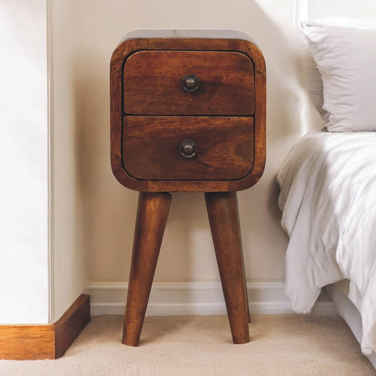 Solid Wood Extra Mini Curved Chestnut Nightstand
